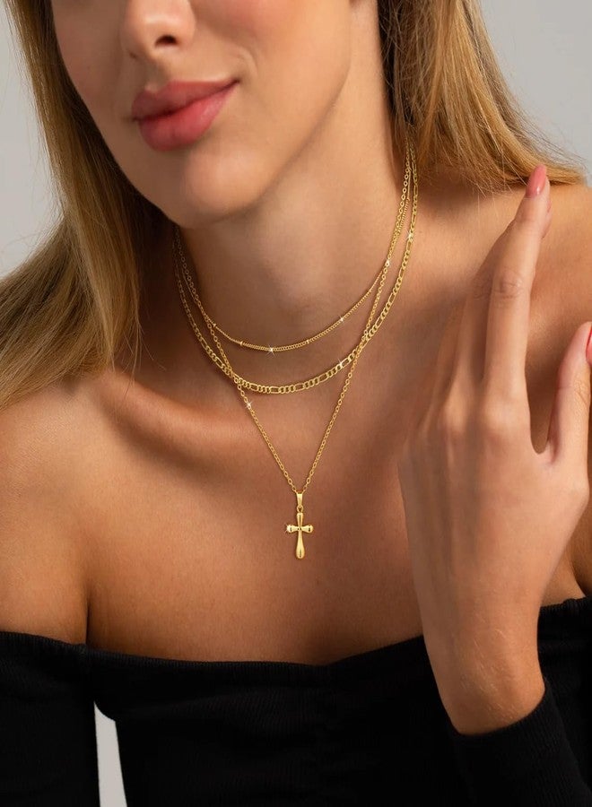 ASCOMY Gold Necklace for Women 14K Gold Plated Layered Necklaces Stackable Layering Satellite Choker Figaro Chain Cross Pendant Necklace Stacking Gold Choker Necklaces Set Trendy Jewelry Gift for Her - Image 4